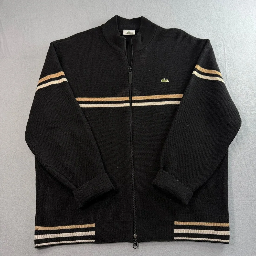 Vintage Lacoste Full Zip Sweater Mens 5 / L Black Striped Mock Neck Wool Blend